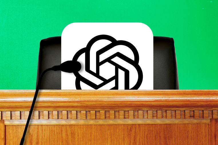 Photo illustration of Chat GPT logo "sitting" in court 