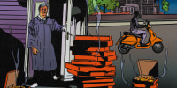 Illustration of a judge opening the front door of his home to a stack of steaming pizza boxes, while a masked delivery man rides away on a scooter.
