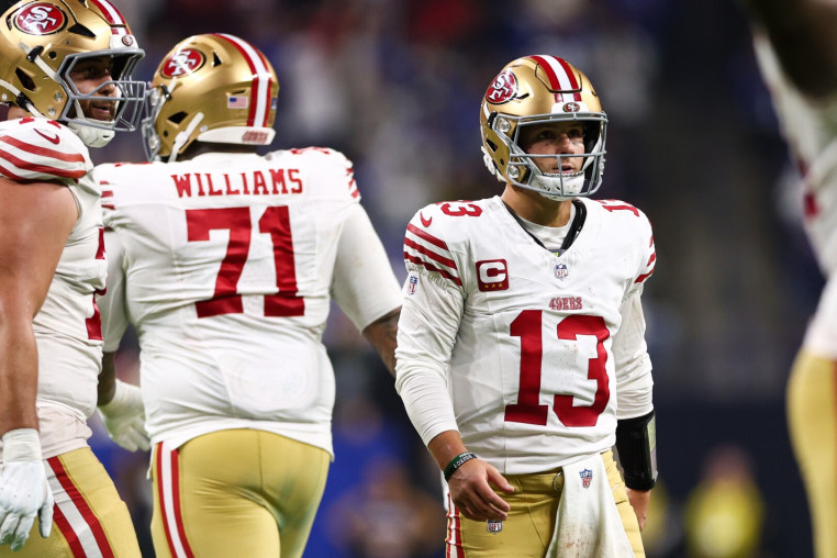 INDIANAPOLIS, INDIANA - DECEMBER 22: Brock Purdy #13 of the San Francisco 49ers walks the field during the fourth quarter against the Indianapolis Colts at Lucas Oil Stadium on December 22, 2025 in Indianapolis, Indiana. (Photo by Kevin Sabitus/Getty Images)
