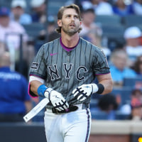 Sep 20, 2025; New York City, New York, USA; New York Mets second baseman Jeff McNeil (1) reacts after striking out to end the sixth inning against the Washington Nationals at Citi Field. Mandatory Credit: Wendell Cruz-Imagn Images