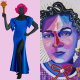 Side by side of “Trans Forming Liberty,” by Amy Sherald; Marinna Shareef with Andil Gosine's "God of Whimsy" and "Stitched to You," by Sola Olulode.
